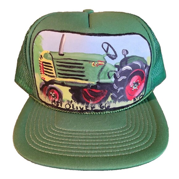 Vintage Oliver John Deere Hand Painted Trucker Green San Sun Hat From Sri Lanka - Picture 12 of 12